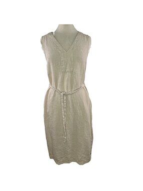Tahari Size L 100% Linen Sleeveless Belted Midi Dress Beige Pockets Washable